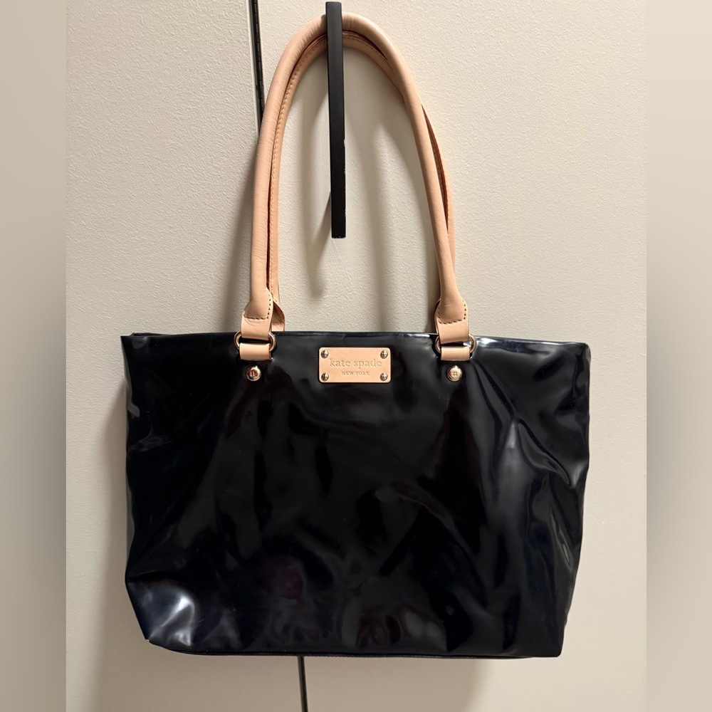 Kate Spade Black Patent Leather Tote with Tan Handles